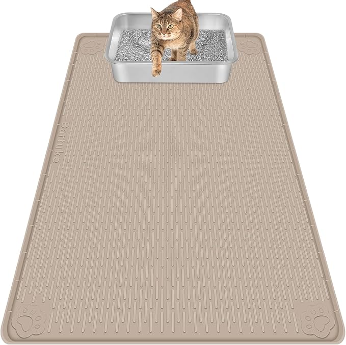 Silicone Cat Litter Mat for Litter Box 40”x28” Large Cat Mat, Khaki | Waterproof, Non-Slip, Leak-Proof Rug Mat with Lip, Easy to Clean, Extra Large Litter Catcher Mat for Floor by Bartuke