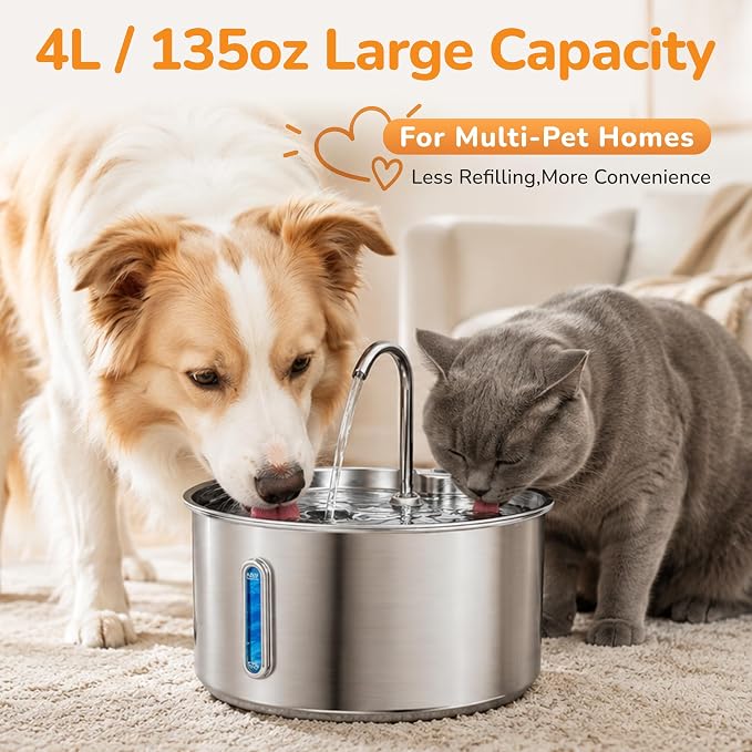 Stainless Steel Cat Water Fountain, 135oz/4L, Ultra-Quiet | Automatic Cat Dog Water Dispenser with Adjustable Pump, 3 Flow Modes, Large Capacity for Multiple Pets - Image 7
