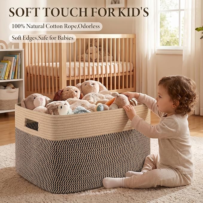 96L XL Large Cotton Rope Basket, Soft Toy Storage Bin for Nursery & Living Room, Decorative Blanket Basket for Bedroom, Baby-Safe Organizer for Pillows &Laundry, 24''×16''×15'', Brown & Black - Image 5