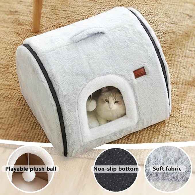 cat Bed cave-cat beds for Indoor Cats,Soft and Comfortable Cute Pet Bed，cat House,with Removable Washable Cushioned Pillow,Enclosed cat Bed,Kitty pet hut、Hideaway,Small Large Dog Tent (Grey) - Image 5