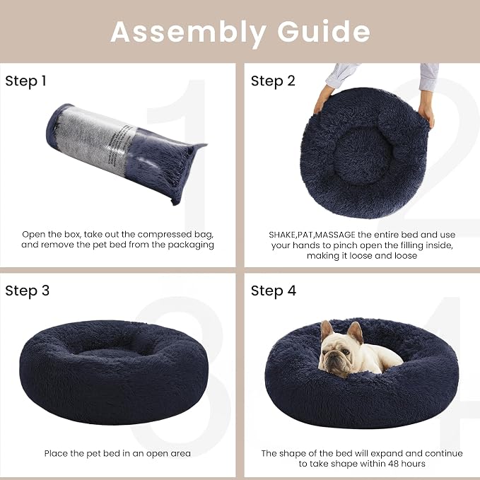 Love's cabin Calming Cat Bed for Indoor Cats, Anti-Anxiety Donut Round Dog Bed, Fluffy Faux Fur Washable Pet Bed for Small Medium Dogs and Cats, Navy, 24in - Image 5