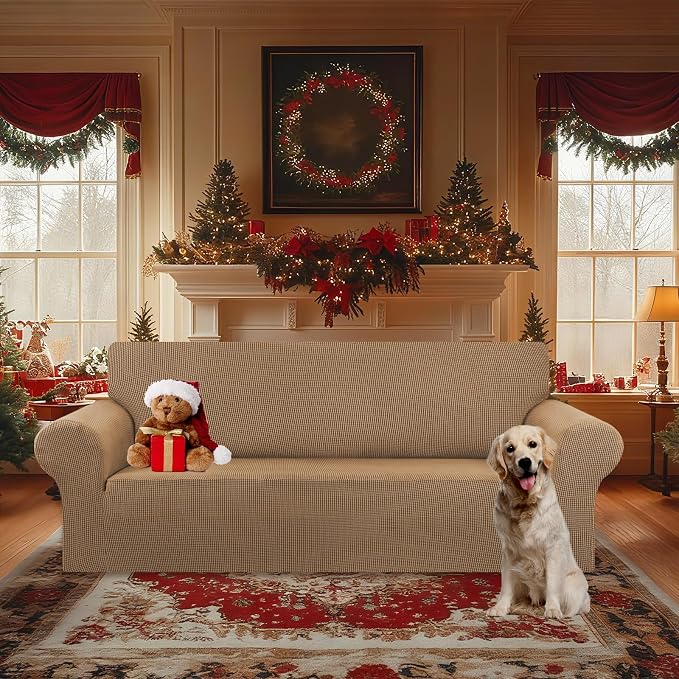 KEKUOU Stretch Oversized Couch Covers for Sofa Slipcover,Camel | 1-Piece Washable Sofa Cover (94"-110") 4-Seater Furniture Protector, Soft Jacquard Non-Slip Elastic Bottom for Dogs & Kids - Image 2