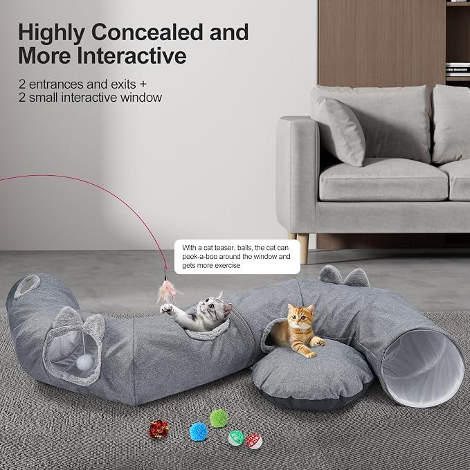 Linen Cat Tunnels with Central Cat Bed, Interactive Cat Toys Detachable Washable Soft Mat Large Indoor Play Tunnel Cave for Kittens and Small Animals - Image 3