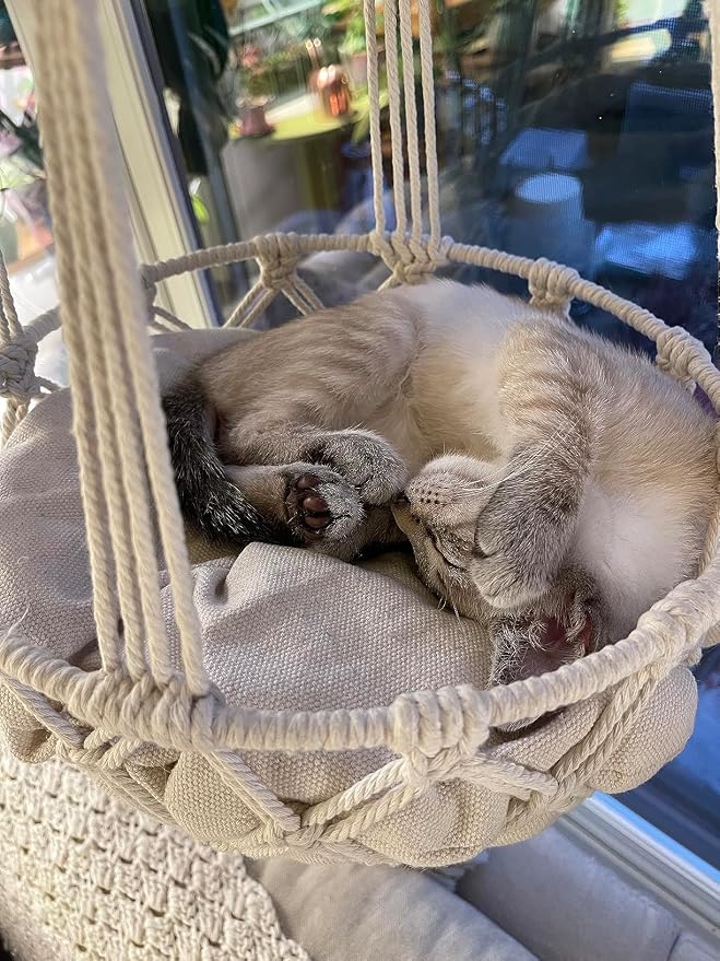 Macrame Cat Hammock Bed,Handwoven Hanging Boho Cat Bed with Hanging Kit for Indoor Outdoor Home Decor Ceiling Catio Swing for Playing Sleeping Climbing and Lounging(15.74x15.74x47.24IN)(L) - Image 2