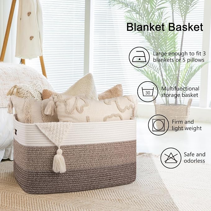 OIAHOMY Blanket Basket Laundry Basket Dog Toy Basket 75L Dark Brown | Large Storage Basket,Baby Basket,Toy Storage,Woven Rope Basket for Blankets,Blanket Storage for Living Room - Image 6