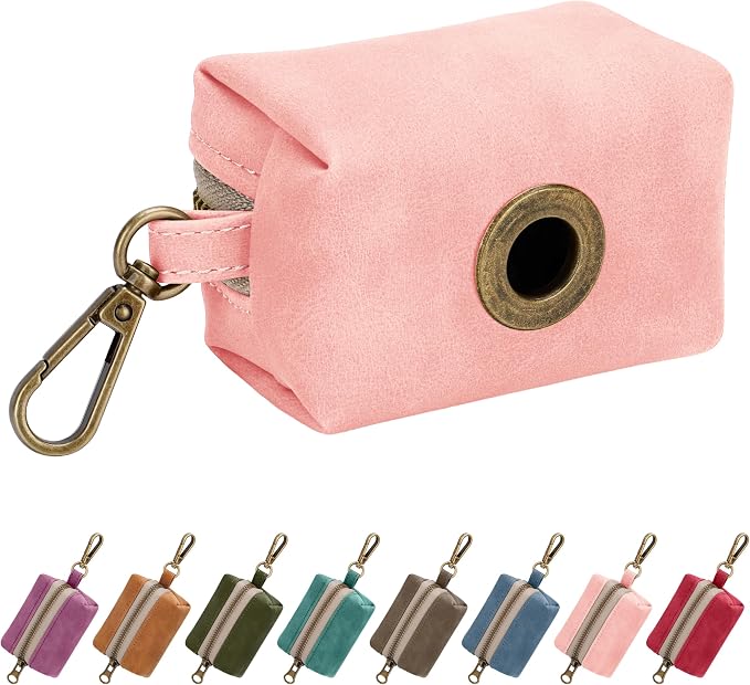 Didog Dog Poop Bag Holder for Leash, Stylish PU Leather, Pink | Easy Clean for Daily Walking, Quick to Install on Leash & Harness, Easy-Pull with Metal Clip, Includes 1 Roll Pet Waste Bag by Didog