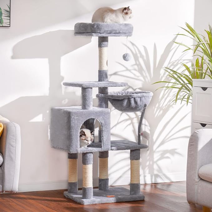 Heybly Cat Tree with Toy, 43.3 inch Cat Tower for Indoor Cats HCT004W | Cat Condo with Durable Sisal Scratching Posts, Cat House with Padded Plush Perch, Cozy Hammock, Light Gray - Image 7