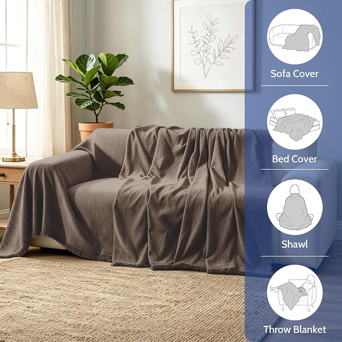Chenille Couch Cover for Dogs Washable Boho Throw Blanket Washable | 71"×134",Coffee, Soft Chenille, Tassel Design, Pet Friendly, Furniture Protector, for Couch, Sofa, Bed, Living Room - Image 7