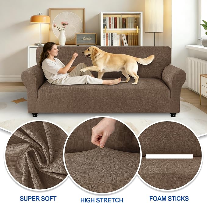MAXIJIN Waterproof Couch Cover for 3 Cushion Couch, 1 Piece Stretch Sofa Covers Slipcovers with Non-Slip Elastic Bottom, Washable Furniture Protector for Dogs Pets (Large, Coffee) - Image 2