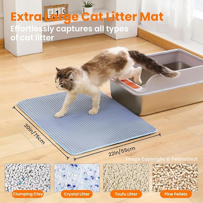Extra Large Cat Litter Mat, Double Layer Honeycomb Design, Blue | 30x22”, Reduces Litter Tracking, Easy to Clean, Waterproof, Non-Slip, Soft on Paws, Scratch Resistant, Blue, XL - Image 2