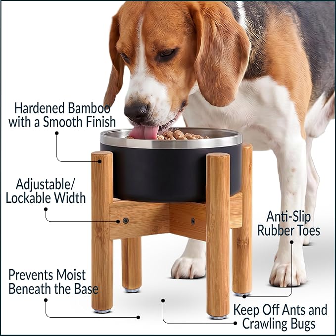 Dog Bowl Stand for Small-to-Medium Dogs - Adjustable | Use to Elevate Raise Dog Food, Water and Slow Feeder Bowls, Lock-Bolts and Tool Added, Foot-Padded, Bamboo Stand Only - Image 4
