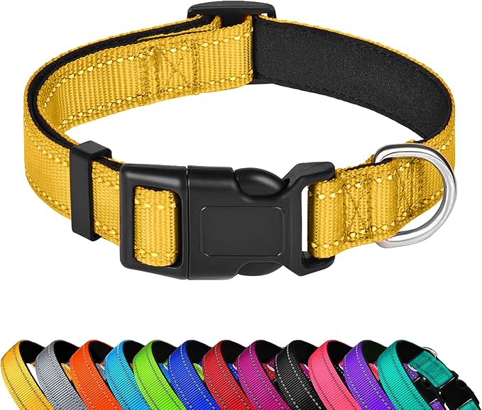 Reflective Dog Collar, Adjustable Soft Neoprene Padded Nylon Pet Collars with Buckle for Small Dogs, Yellow,S | Breathable Nylon for Small Dogs,Tear-Resistant Webbing,Chafe‑Free on Walks and Hikes,Metal D-Ring,Night Safety by PWOD