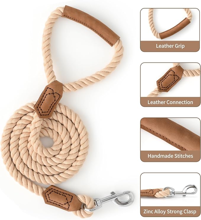 Mile High Life Dog Leash Braided Cotton Rope w/Leather-Wrapped Ends/Handle | Rust-proof 360° swivel clasp, Heavy-duty for medium/large dogs. Great for weddings, daily walks (4 FT, 1/2", Light Brown) - Image 5