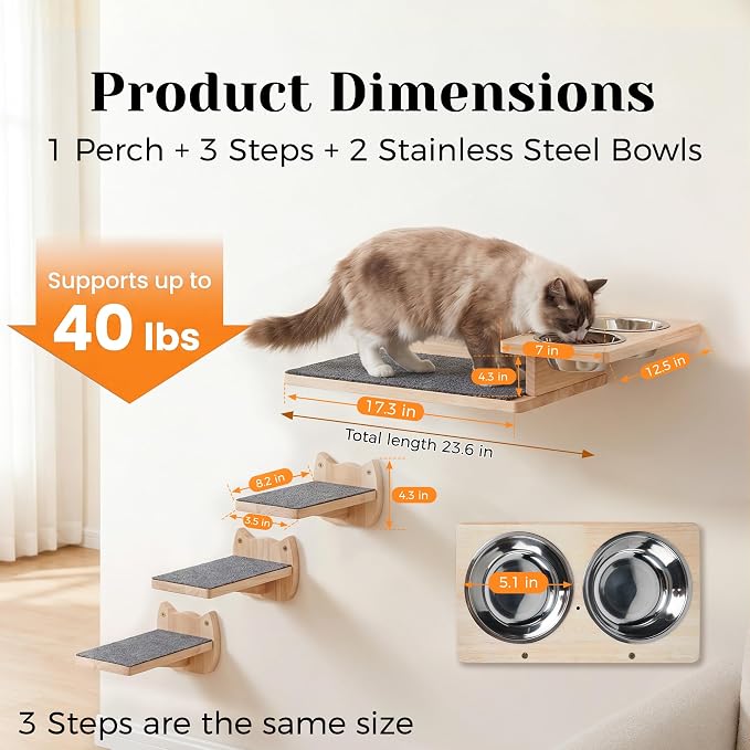 PatiencET Wall Mounted Shelves Cat Feeding Station with 3 Steps and 2 Bowls | Elevated feeding zone helps separate meals in homes with cats and dogs or multiple cats, plus a perch for climbing and rest. - Image 3