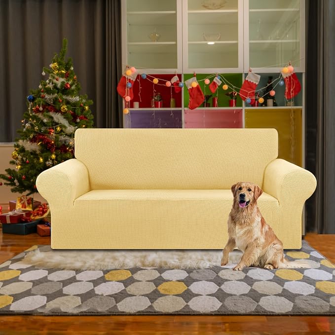 KEKUOU Stretch Loveseat Couch Cover, 2 Cushion Couch Slipcover,Champagne | 1-Piece Washable Sofa Cover Pet Friendly (55"-78") Furniture Protector Soft Jacquard, Elastic Bottom for Dogs & Kids - Image 2