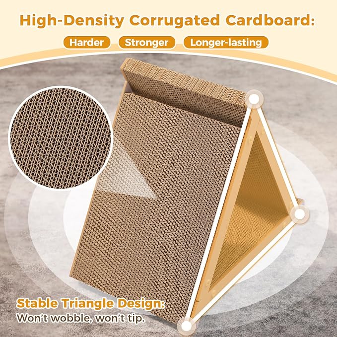 PEQULTI 18.5" Triangular Cardboard Cat Scratcher Pad Indoor Multi Cats | 18.5in triangular corrugated cardboard scratcher, stable base protects furniture for multiple indoor cats - Image 6