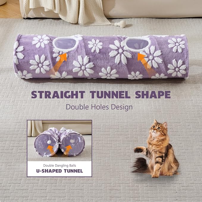 Straight Cat Tunnel for Indoor Cats 47"x12", Purple Flower | Cute Cat Toys, Collapsible Tunnel Tube with Hanging Balls for Puppy Kitten Rabbit - Image 5