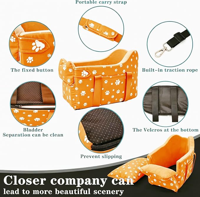 Center Console Dog Car Seat Safe Travel for Small Dogs Under 15 lbs Detachable Washable Pet Carrier with Storage Pockets & Safety Leash (Orange) - Image 5