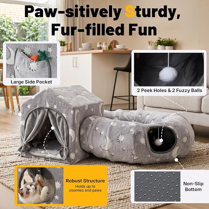 4-In-1 Cat Tunnel with Cube House, Night-Luminous Cat Play Tunnel House with Dual Peek Holes, Large Pocket, Hideout Cat Toys with Tunnel & House, Cat Furniture Tent for Playing, Hiding & Lounging Grey - Image 5