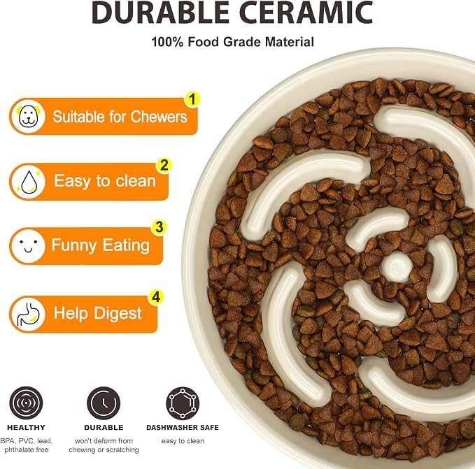 Ceramic Slow Feeder Dog Bowl, 2 Cups Maze Puzzle Dish to Slow Down Eating | Premium Ceramic Material with Anti-Slip Design, Suitable for Small, Medium and Large Breed Dogs Daily Feeding - Image 3