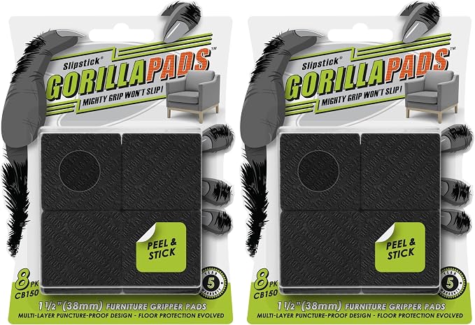 Slipstick GorillaPads CB150 Non Slip Furniture Pads/Rubber Grips (Set of 8) Self Adhesive Furniture Feet Floor Protectors, 1-1/2 inch Square, Black (Pack of 2) by Slipstick