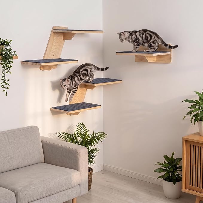 FlyonSea Large Cat Wall Shelves, Solid Wood Wall Mounted Cat Climbing Perch | Floating Kitty Wall steps with Non-slip Carpet, Corner Kitty Wall Furniture Supports up on 25lb, Cat Window Perch, Playing - Image 5