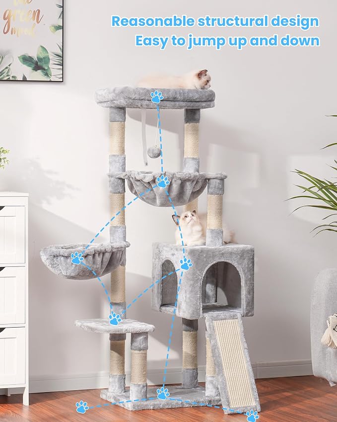 Hey-brother Large Cat Tree, Cat Tower for Indoor Cats, Cat House with Padded Bed, Cozy Condo, Hammocks, Sisal Scratching Posts, Big Scratcher, Light Gray MPJ006-MW - Image 8
