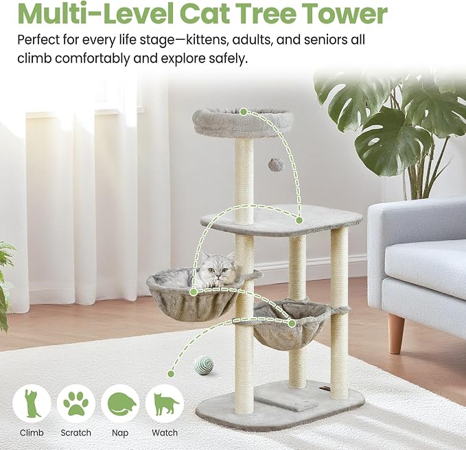 Small Cat Tree Tower with Lots of Scratching Posts - 42 Inch Medium Compact Cats Scratch House with Hammock Perch for Multi Level 2 Kitty - Indoor Corner Cat Bed Condo Climbing Gym Towers Furniture - Image 6