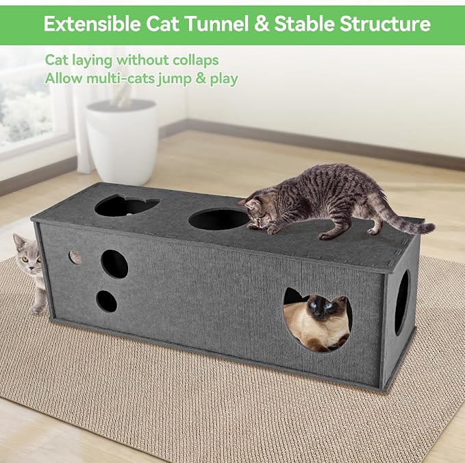 Homegroove Cat Tunnel for Indoor Cats, Felt Cat Play Tunnel, Grey, Straight | Felt cat tunnel, interactive peek holes, cat tunnel bed, hide & seek toy, DIY peekaboo cat toy for indoor play - Image 3