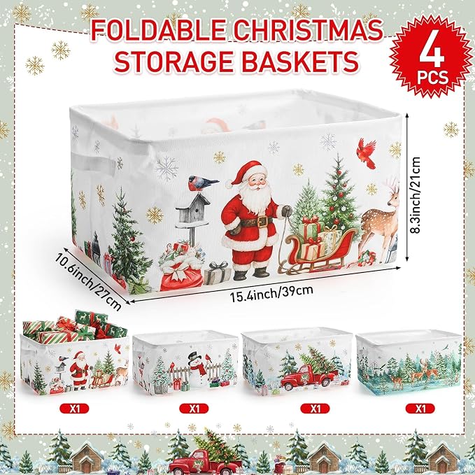FoldTier 4 Pcs Empty Christmas Storage Baskets with Handles, Rustic | Large Foldable Christmas Baskets for Gifts, Winter Storage Boxes, Farmhouse Xmas Gift Bins for Office Home Nursery Cloth - Image 2