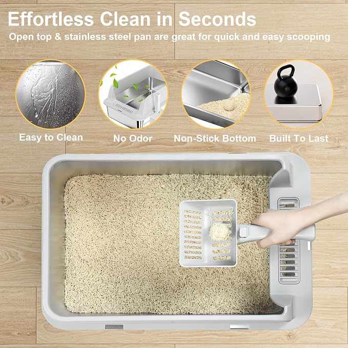 TENTIZON 2 Pack Stainless Steel Cat Litter Box, XL Large Metal Kitty Litterbox with High Side Lids, Litter Mat, Scooper for Big Cats, Multi Cats, No Odor, No Mess, Leak Proof, Easy Clean, Non Stick - Image 2