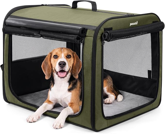 Dog Car Carrier Light Weight 27×20.5×20.5in, Foldable Dog Carrier, Gren | Easy to Assemble, Portable and Breathable Pet Carrier, Suitable for Indoor and Outdoor Use, Dog Travel Crate with Curtain by pecute
