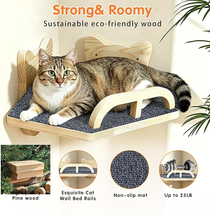 with 3 Climbing Steps Natural Wood Corner Cat Wall Shelves | Wall Mounted Indoor Catio Activity Lounge - Image 4