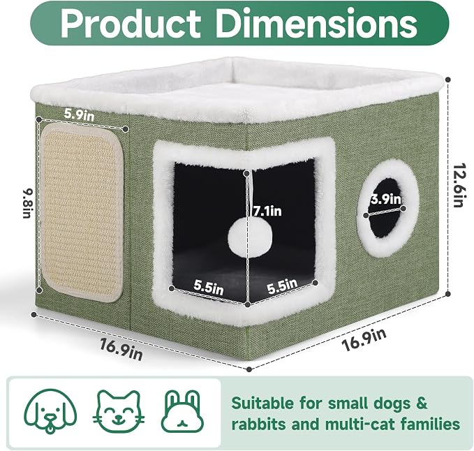 Shikha Cat House Bed for Indoor Cats with Fluffy Ball and Scratch Pad Green | Foldable Large Cat Cave Hideaway with Cozy Condo, Hide and Seek Window, Holds Up to 30LBS, All Season Reversible Cushion - Image 2