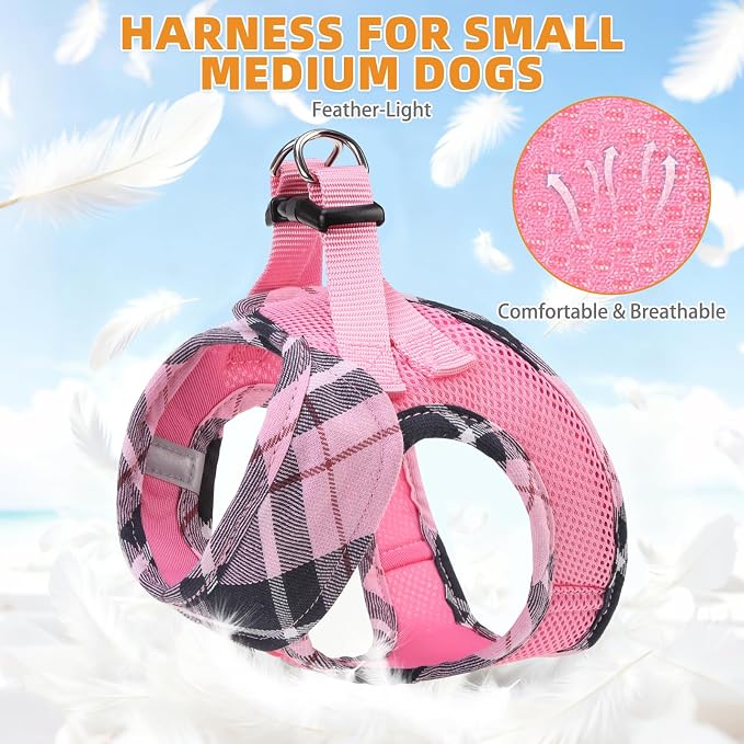 KOOLTAIL Small Dog Harness and Leash Set, Cute Pink Girl Puppy Harness, Step in No Pull Soft Mesh Pet Vest Harness Collar for Small Size Dogs Cats, Plaid Dog Halters for Outdoor Walking, Pink XS - Image 3