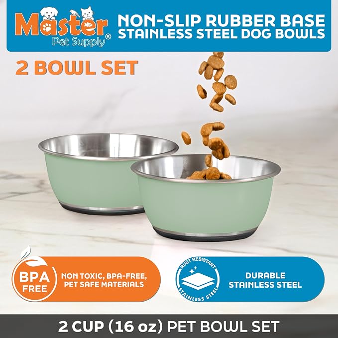 Master Pet Supply Stainless Steel Dog Bowls Set of 2 - Pistachio - 16 Oz | Non-Slip Rubber Base, Basic Dog Food Bowl Water & Food Bowls for Small, Medium, Large Dogs & Cats Metal Dish - Image 2