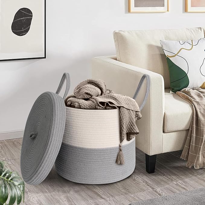 Storage Basket with Lid, Blanket Basket Living Room, Large Woven Cotton Rope Baskets for Storage, Kids Toy Storage Bin, Wicker Laundry Basket, Blankets Pillows Organizer Holder,15"x13", Gray - Image 6