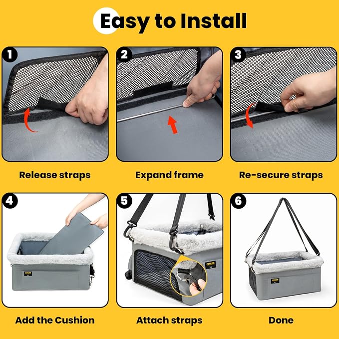 Conlun 2-Pack Dog Car Seat | Steel Frame Anti-Collapse | Small Pet | Grey | Heavy-duty Oxford | Rigid Skeleton Stops Wobbling | Leash Prevents Escapes | Elevated Pet Booster for Calm Car Trips - Image 8