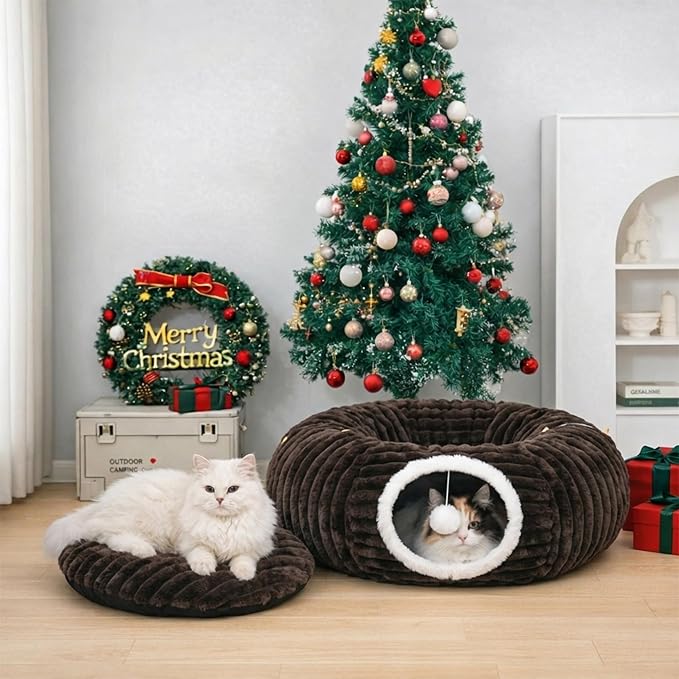 Dogpals Cat Tunnel Bed Cave 33" Lx10 Wx10 H for Indoor Cats (Coffee) | Washable Cozy Cushion, Soft Striped Plush Fabric, Hideaway Peekaboo Cave for Kittens, Puppies, Rabbits & Small Pets - Image 7