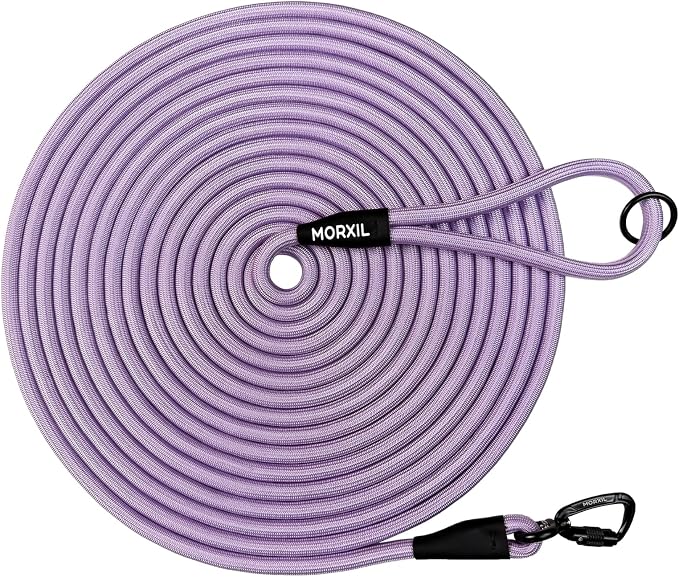 Long Dog Leash, 10ft 30ft 50 feet Heavy Duty Dog Training Leash, Aviation Aluminum Auto Locking Carabiner, Nylon Rope Long Line Check Cord Recall Lead for Yard,Playing,Camping,Purple,10FT by MORXIL