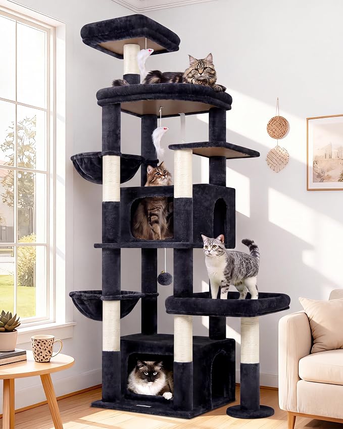 Globlazer 75in Sturdy Cat Tree Tower for Indoor Large Cats, S75, Dark Grey | Multi-Level Heavy Duty Cat Tower with Scratching Post, Oversized Condos & Perches for Big Cats, Large Baskets, Enlarged Base by Globlazer