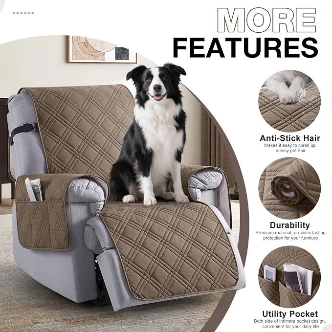 TAOCOCO 100% Waterproof Recliner Chair Covers, Non Slip Recliner Covers for Recliner Chair with Pocket, Washable Reclining Chair Cover Furniture Protector for Kids,Dogs(25'', Taupe) - Image 5