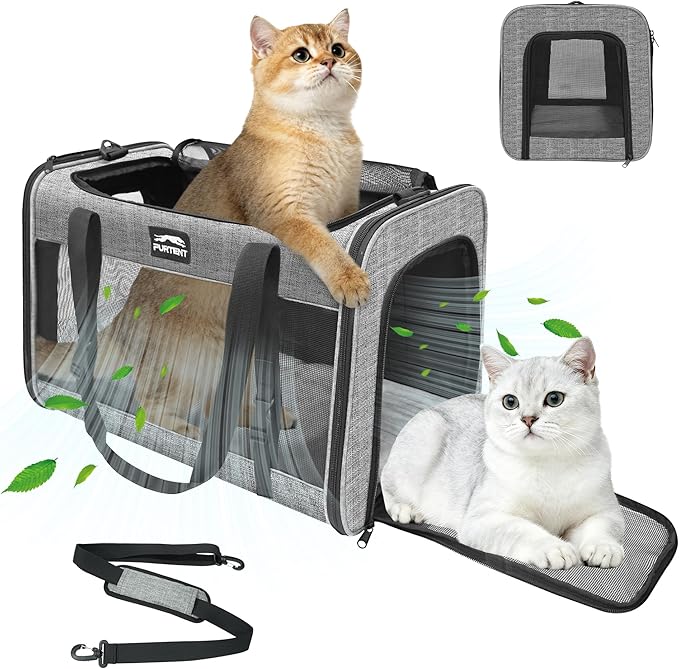 Soft-Sided Large Cat Carrier for 2 Cats, Spacious Foldable Pet Travel Carrier for Large Cats up to 25 Lbs, Double Cat Bag with Shoulder Strap, 20x13x13 Inch, Fits Maine Coon and Small Dogs, Grey | Spacious 20×13×13 in design with reinforced frame for o... by FURTENT