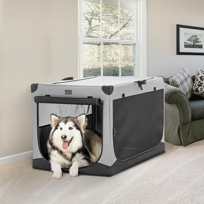 PETSFIT 40" Soft Portable Dog Crate – Patented Spiral Sturdy Frame, Collapsible Travel Kennel for Large Dogs, 3 Mesh Door, Lockable Zippers, Indoor & Car Use Gray - Image 9