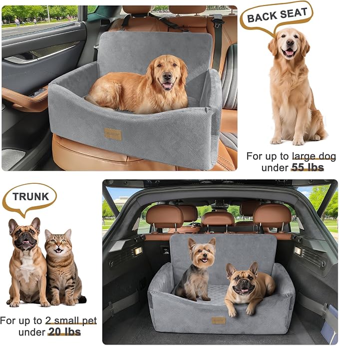 JOEJOY Dog Car Seat for Large Medium Sized Dogs Under 55 lbs, Dog Booster Seat for 2 Small Dogs with Detachable Washable Cover, Memory Foam Pet Car Seat with 2 Safety Belts and Storage Pockets - Image 6
