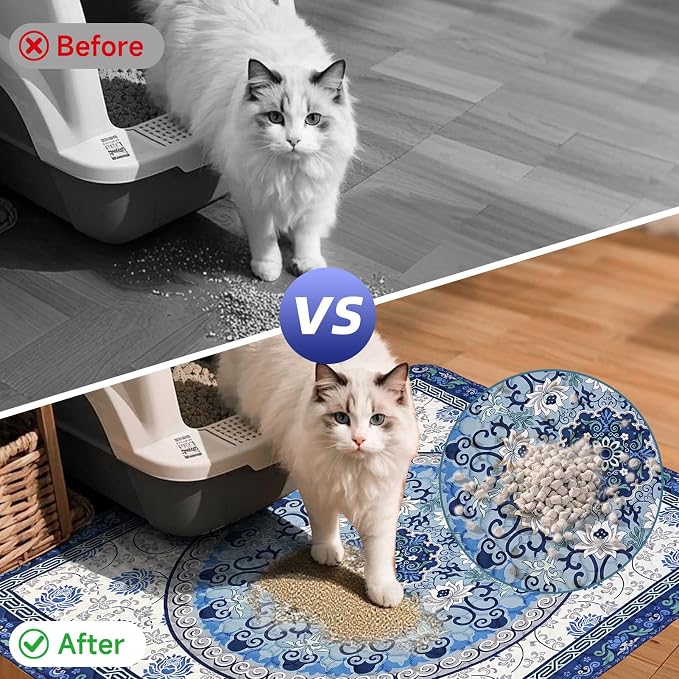 Cat Litter Mat, Reusable Kitty Litter Trapping Mat 2 PCs, 35"x35" Washable Litter Mats for Cats, Waterproof & Non-Slip Compatible with Cat Box (Indigo Blue Medallion, 35"x35"(2 PCS)) - Image 3