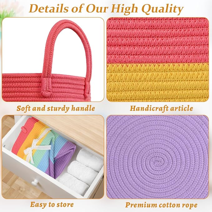 67L Large Rainbow Blanket Basket, Cotton Rope Baby Laundry Hamper with Handles, Kids Toy Basket for Classroom & Nursery, Soft Round Stuffed Animal Storage, Dog Toy Bin - 20"x13", Rainbow - Image 7