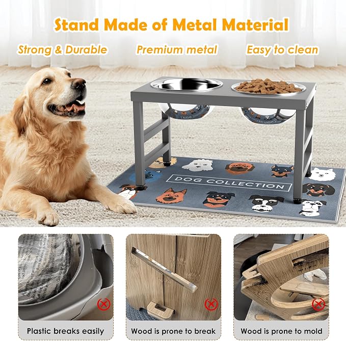 10'' Metal Raised Dog Bowl Stand, Elevated Dog Bowls with 2 Stainless Steel Bowls (1700ml/58oz) & Anti-Spill Mat for Medium/Large Breeds,Gray - Image 5