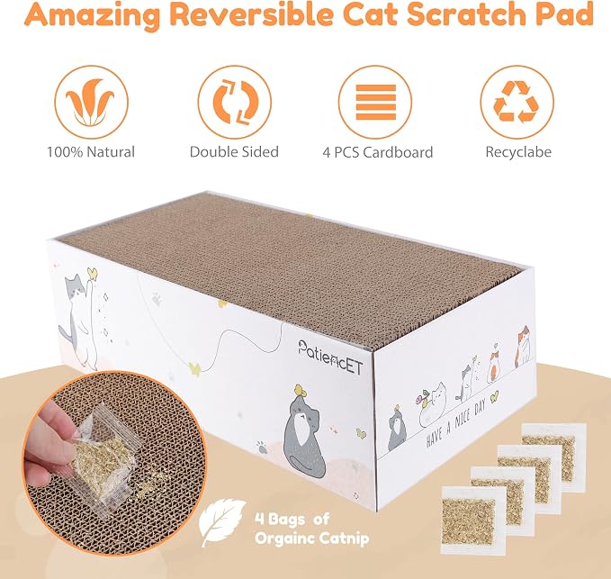 PatiencET Cat Scratch Pad with Box, 4 Pack Cardboard Scratcher Lounge Bed | For Indoor Cats, Reversible Corrugated Scratching Board Refill, With Catnip, Furniture Protector - Image 2