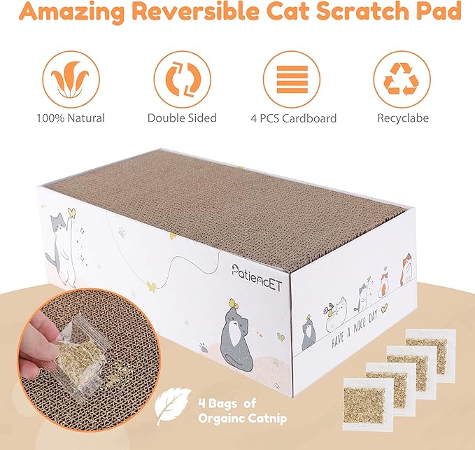 PatiencET Cat Scratch Pad with Box, 8 Pack Cardboard Cat Scratcher Lounge Bed for Indoor Cats, Reversible Corrugated Scratching Board Refill with Catnip - Image 2